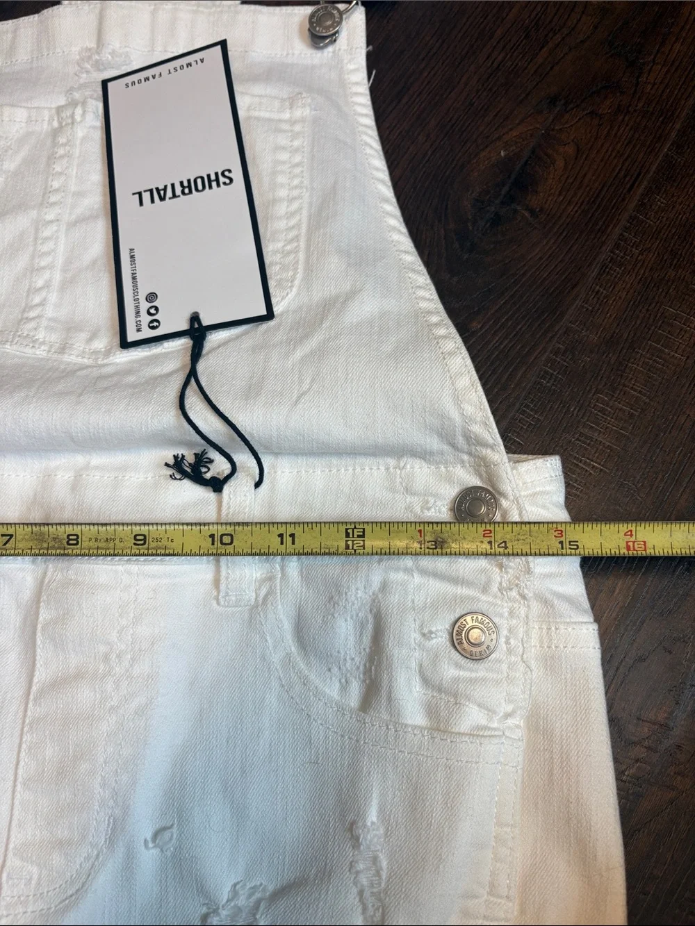 Almost Famous NWT Womens size 5 White Distressed Denim Shortall Overalls